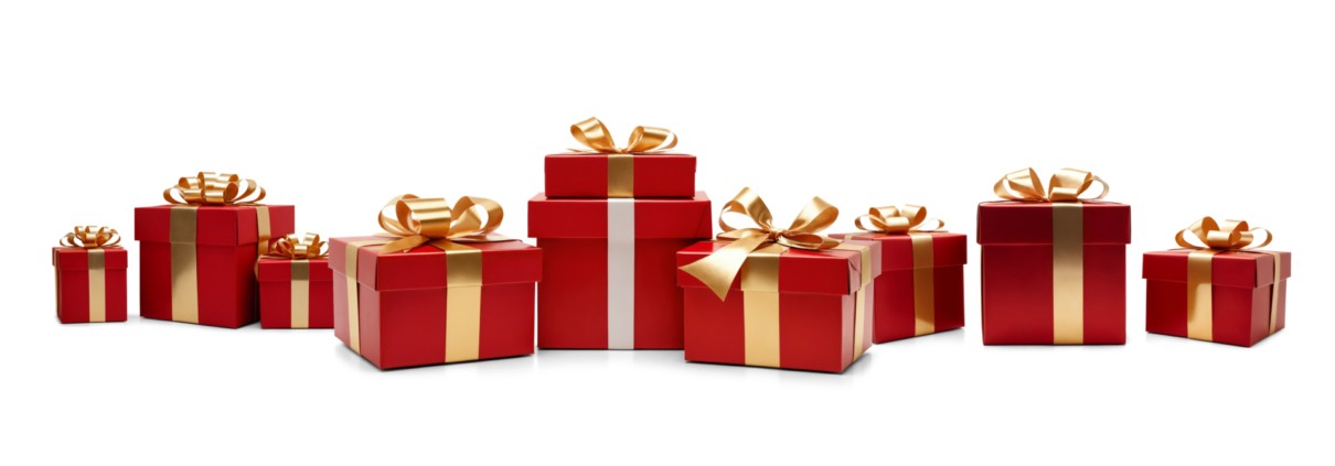 red golden christmas gifts in row, isolated